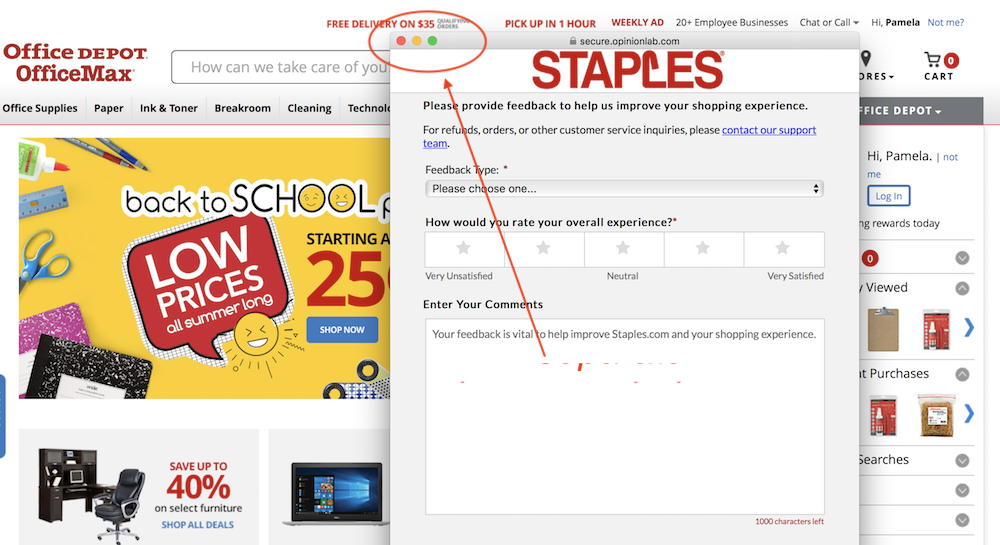 Popup window at Staples' site